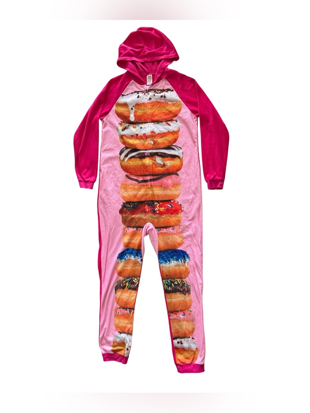 Faded Glory Donut Hooded 1 Piece Pajamas XL 16-18 Pink Plush Sleepwear Jumpsuit